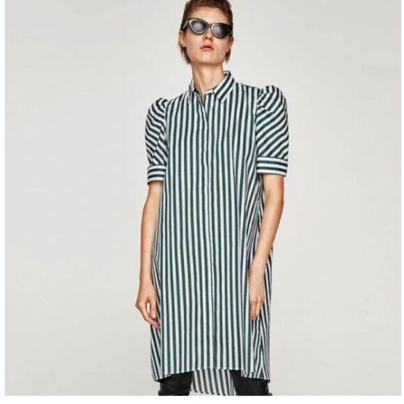 Zara Green and White Striped Shirt Tunic Style Dress xs‎ - Picture 1 of 12